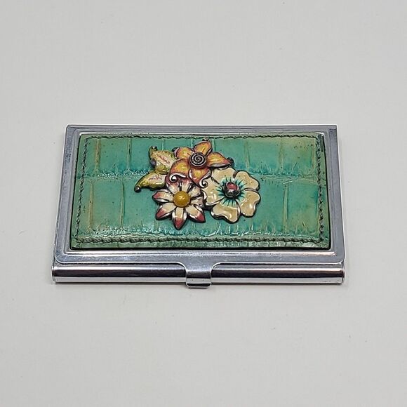 Brighton Medal Business Card Holder Green Leather Floral Flowers - Picture 1 of 3